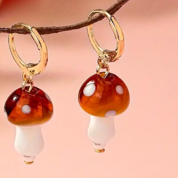 Magic Mushroom Blown‎ Glass on Gold Tone Huggie Hoop Dangle Earrings LAST PAIR - Picture 1 of 10